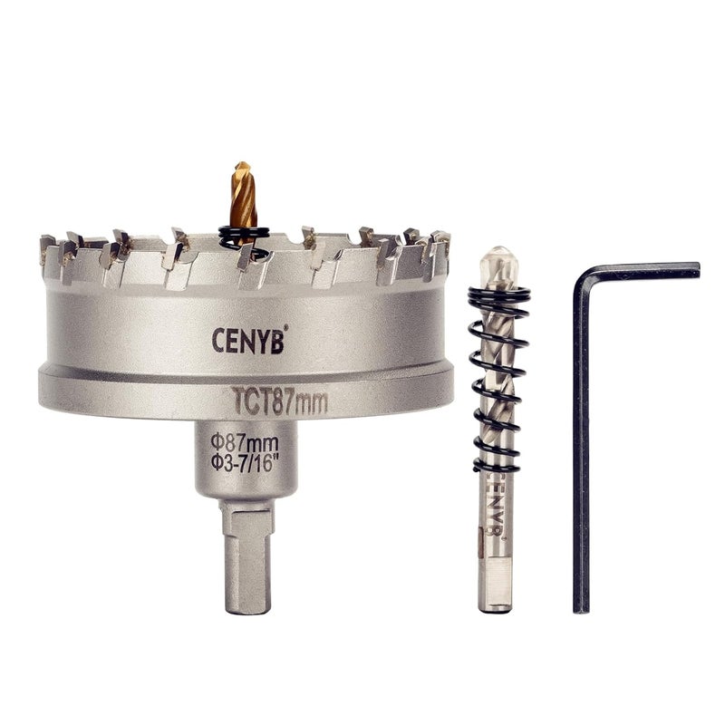 cenyb 3-7/16" (87mm) Tungsten Carbide Tipped Hole Saw with 2Pcs Titanium-Plated Pilot Drill Bits for Hard Metal,Stainless Steel,Iron,Aluminum Alloy,Wood and Plastic - Image 1